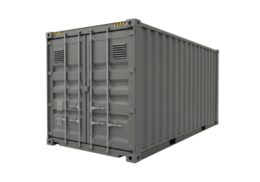 Gray shipping container with closed doors vents and yellow hazard stripes on a black background