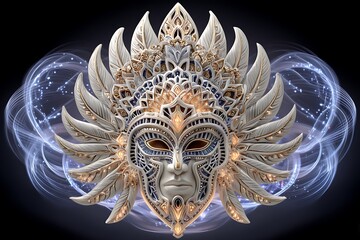 Cultural mask artwork with glowing wing pattern high resolution picture