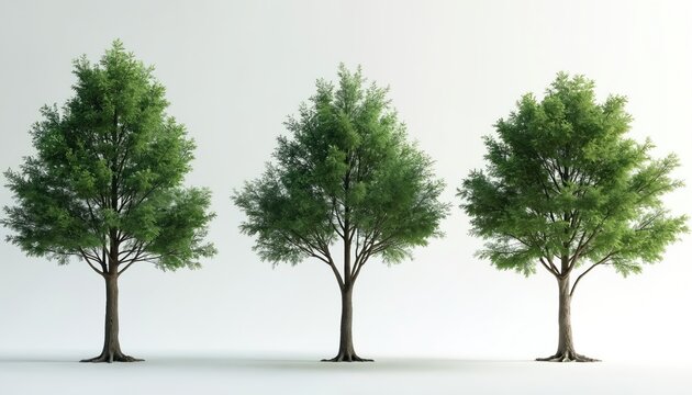 Three green trees with full foliage stand isolated on clean white background. Photorealistic digital models showcase natural elements with detailed wood trunks, leafy branches, perfect for graphic