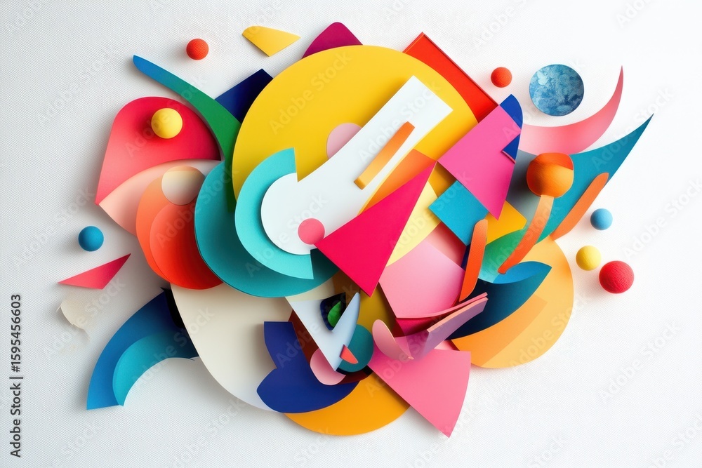 Poster colorful abstract shapes create dynamic interplay on a white background featuring vibrant forms and 