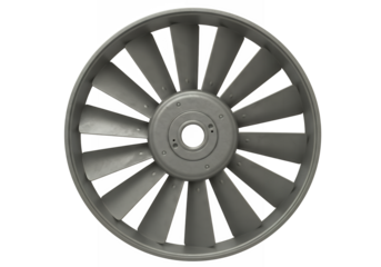 A gray metallic fan with numerous blades radiating from its center set against a stark black background