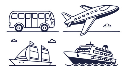 Line art illustration showcasing various transportation methods including bus plane sailboat and cruise ship vreated with genrated ai