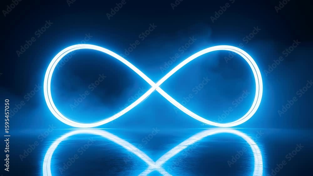 Poster abstract bright blue infinity sign rotating and pulsating on a reflective surface against a dark bac