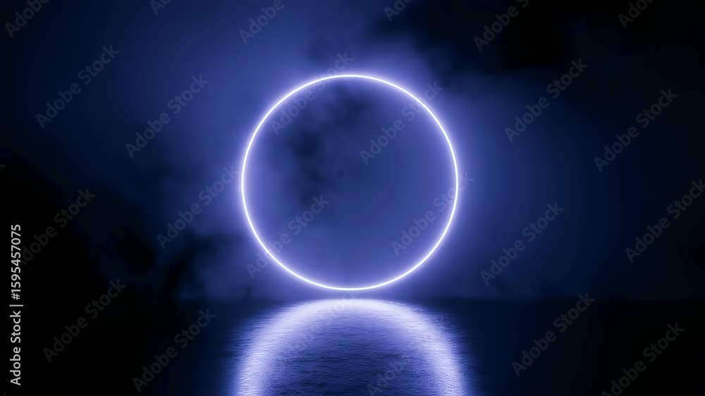 Poster neon glowing geometric circle changing color with reflections in dark foggy water loop footage.