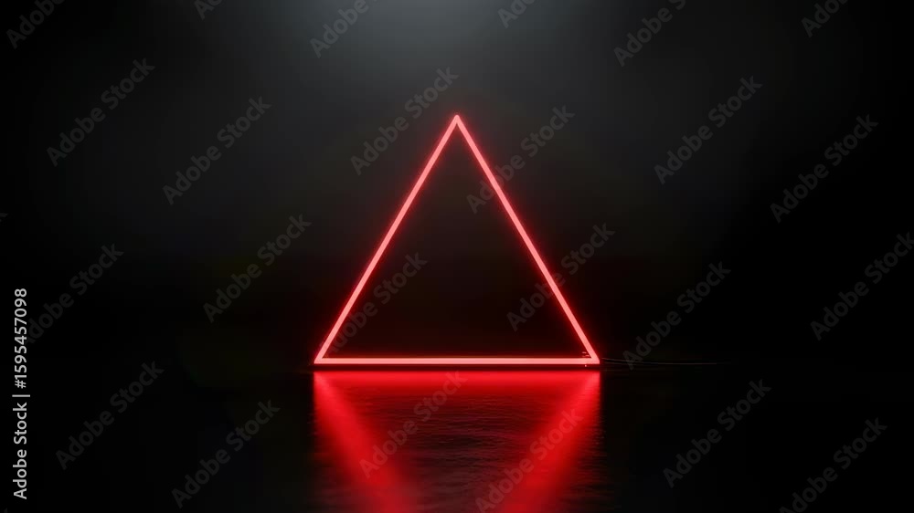 Aufkleber red neon triangle geometric figure glowing with reflection on dark background. abstract digital ligh