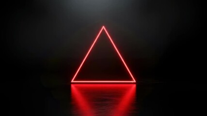 Red neon triangle geometric figure glowing with reflection on dark background. Abstract digital light shape for futuristic art and intro footage. - Powered by Adobe