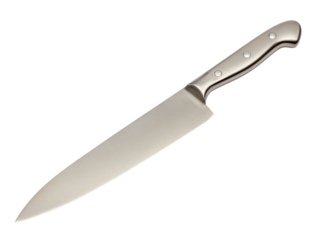 Slicing culinary delights with a chef knife in a kitchen setting. Isolated on transparent background, png.