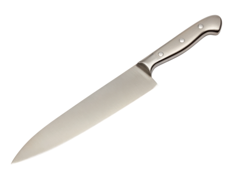 Slicing culinary delights with a chef knife in a kitchen setting. Isolated on transparent background, png.