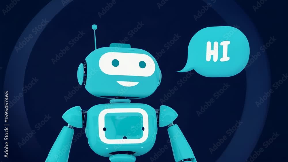 Poster friendly turquoise robot waving hello with a speech bubble on a dark blue background, 3d render