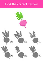 Find the correct shadow of radish. Maze game. Vector illustration on a white background for children's entertainment, activity book, worksheet.