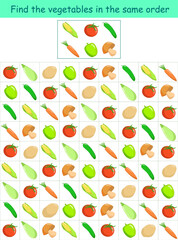 Children's educational game. Find the vegetables in the same order. Colored vector illustration for children's activity book, worksheet, print.