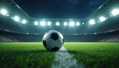 Obraz premium Soccer ball rests on green field at night stadium. Bright stadium lights illuminate the pitch, creating atmosphere for intense competition and sporting events. Focus on game equipment.