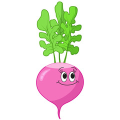 Isolated happy radish character on white background. Cartoon vector illustration of vegetable for children's book, comic, print.