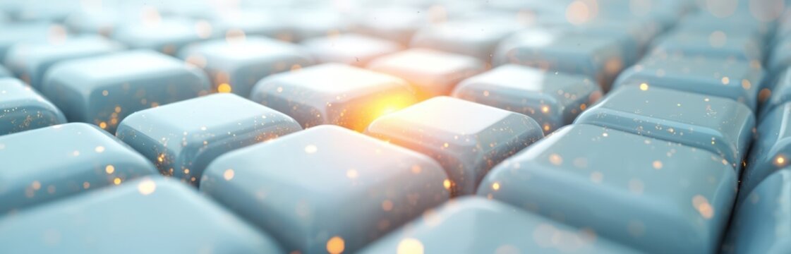 Abstract digital cubes with glowing elements create modern, futuristic look. Light sparkles add dynamic energy to clean, structured arrangement. Represents technology, innovation, connectivity, data