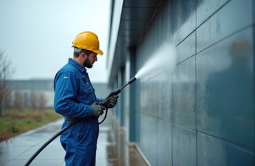 Construction worker in blue uniform, yellow helmet pressure washes building exterior wall. Uses power washer to remove dirt, grime. Industrial cleaning, building maintenance, pro skill, job site