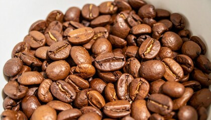 Fototapeta premium Close up macro view of roasted coffee beans with rich brown color and visible texture