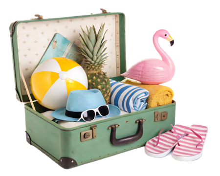 A vintage suitcase filled with beach essentials like a ball, flamingo float, and hat for a summer vacation