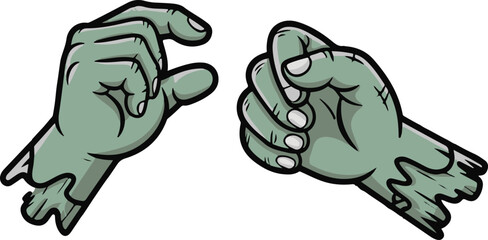 Cartoon zombie hands vector, one grabbing, one fisting.