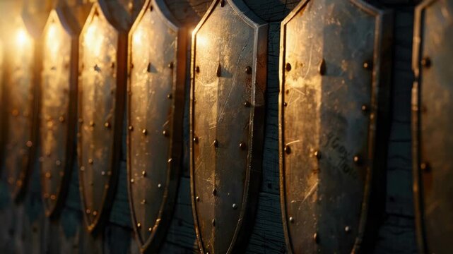 Row of metal shields against a wall, can be used as a decorative element or in historical reconstructions