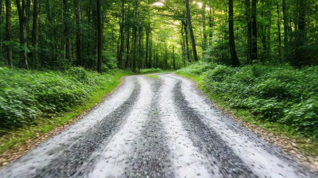Gravel road in lush green forest diverges into two paths