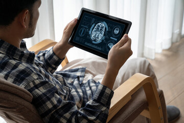 Medical science technology and futuristic healthcare virtual computer software analyze human health...