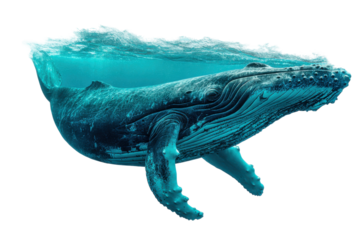 Humpback whale swimming in ocean underwater photography marine life. Isolated on transparent background, png.