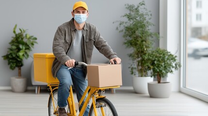 Courier wearing face mask delivering essential groceries during pandemic, contactless and safe delivery service, protective measures, vector illustration