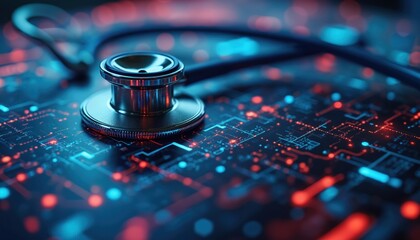 Stethoscope rests on digital medical interface screen. Shows healthcare technology, data analysis, medical programming, health information systems. Represents future medicine, AI, machine learning,
