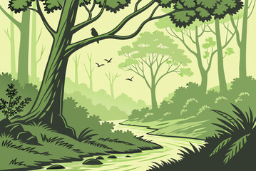 Fototapeta premium Lush green forest with winding river and birds nature