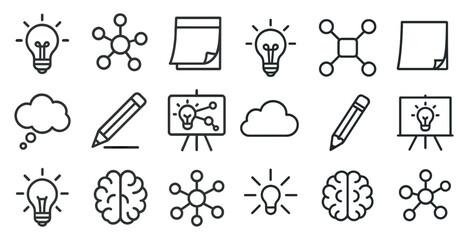 Set of icons for various ideas and concepts, including a light bulb, a pencil, a brain, and a piece of paper