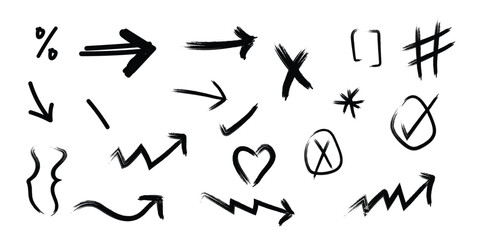 Black Hand Drawn Brush Stroke Symbols and Arrows white