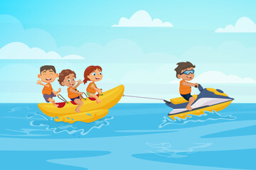 Kids Riding Banana Boat Pulled by Jet Ski