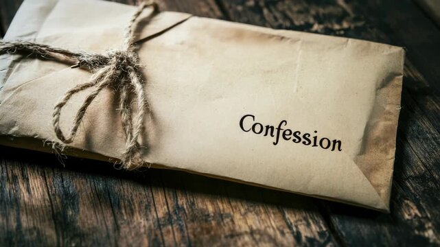 Sealed brown envelope with "Confession" written, tied twine, on wooden surface