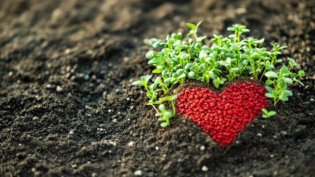 Young plants growing from soil with heart shape of red seeds