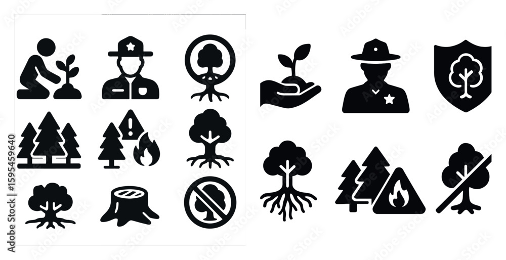 Poster set of icons for trees and forest. the icons include a man planting a tree, a man holding a tree, a 