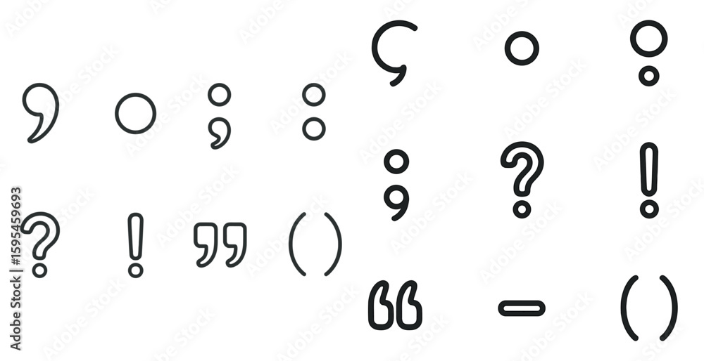 Poster collection of punctuation marks including question marks, exclamation points, and quotation marks. t