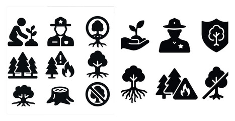 Set of icons for trees and forest. The icons include a man planting a tree, a man holding a tree, a man with a badge, a tree with a fire, a tree with a no smoking sign