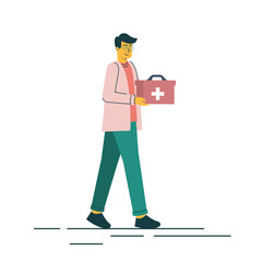 This is a flat walkcycle animation of a man carrying a medicine box, typically showing a character walking steadily while holding a medical kit or first aid box. It represents healthcare delivery, 