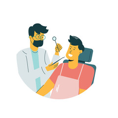a dentist checking a patient's teeth, typically illustrated with a patient sitting in a dental chair while the dentist uses tools like a mirror or scaler.