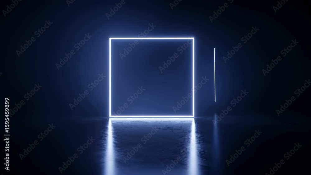 Poster geometric neon light square and vertical lines move across a dark reflective floor, creating a futur