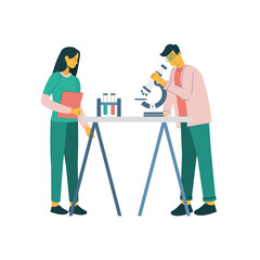 a scientist performing lab research, typically showing a character in a lab coat using laboratory equipment such as test tubes, microscopes, or beakers. 