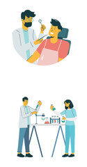 a lab technician performing a chemical test, typically illustrated with a character in a lab coat working with beakers, test tubes, or flasks containing colorful liquids.