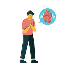 a man suffering from cardiac arrest, typically depicted with a character clutching their chest in pain, falling or collapsing, with warning symbols like heart icons,