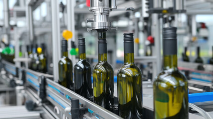 Wine production bottling line with green glass bottles on industrial conveyor belt in modern winery factory. Automated beverage manufacturing equipment filling and capping wine bottles.