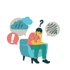 a man suffering from a psychological problem, typically illustrated with visual elements such as a distressed expression, dark clouds, or chaotic symbols around the head.