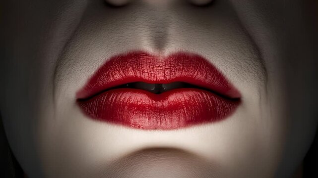 Close-up of a vampires mouth with red lipstick and sharp fangs