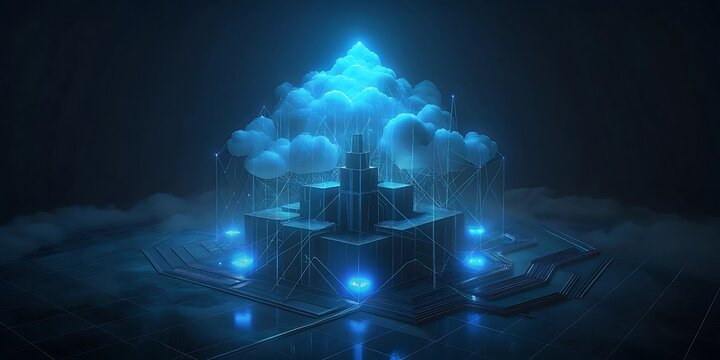 A futuristic digital city built on a circuit board, topped with glowing blue clouds.