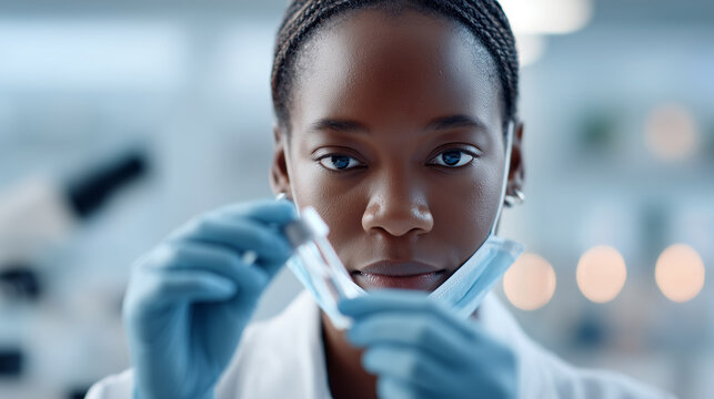 Female scientist using microscope in laboratory. Medical researcher analyzing samples with professional equipment. Healthcare professional conducting scientific analysis.