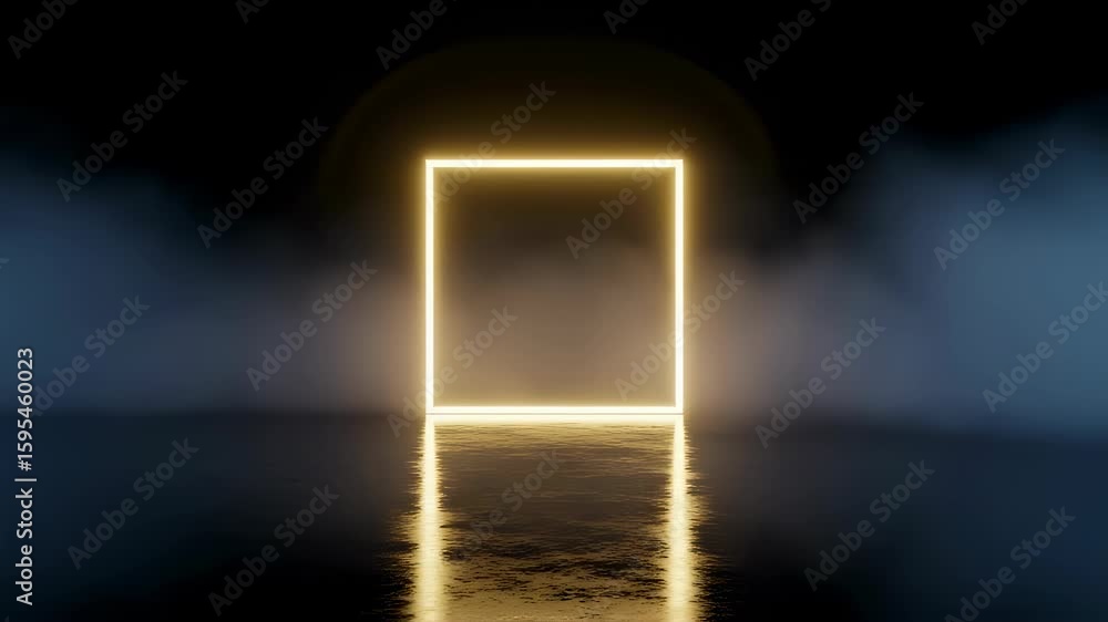 Poster glowing neon square on reflective surface with shifting smoke. geometric shape with light reflection