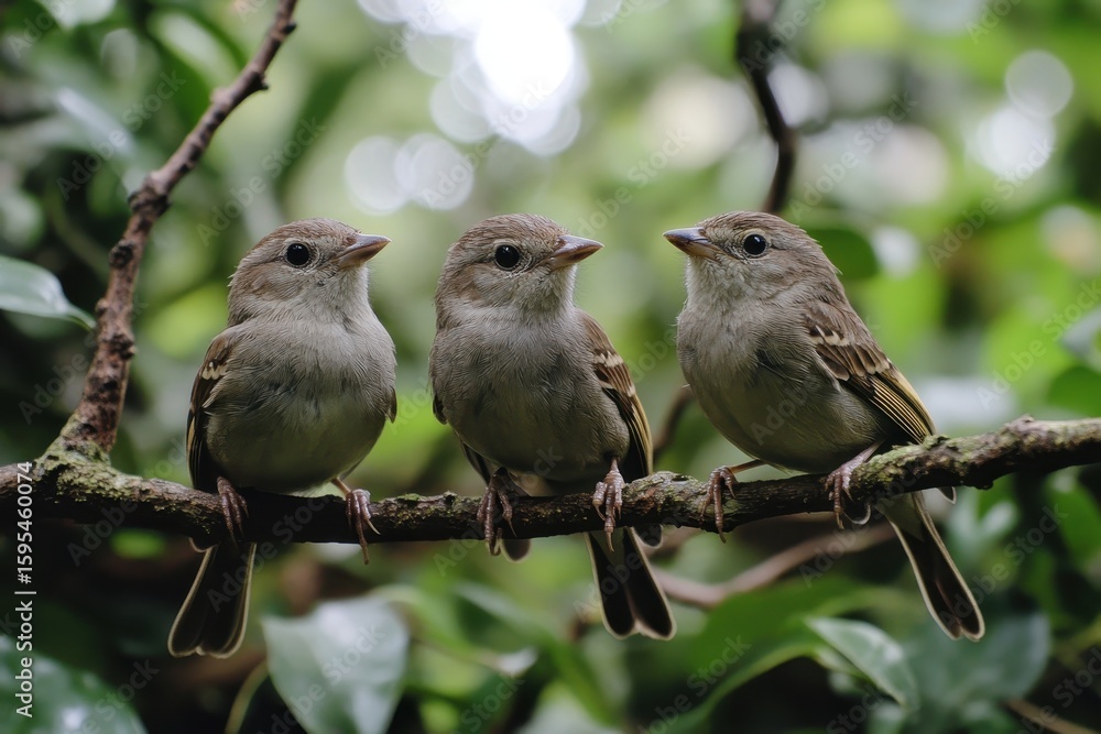 Poster sparrows perched on a branch enjoying a peaceful moment in a lush green environment, sparrows sit in